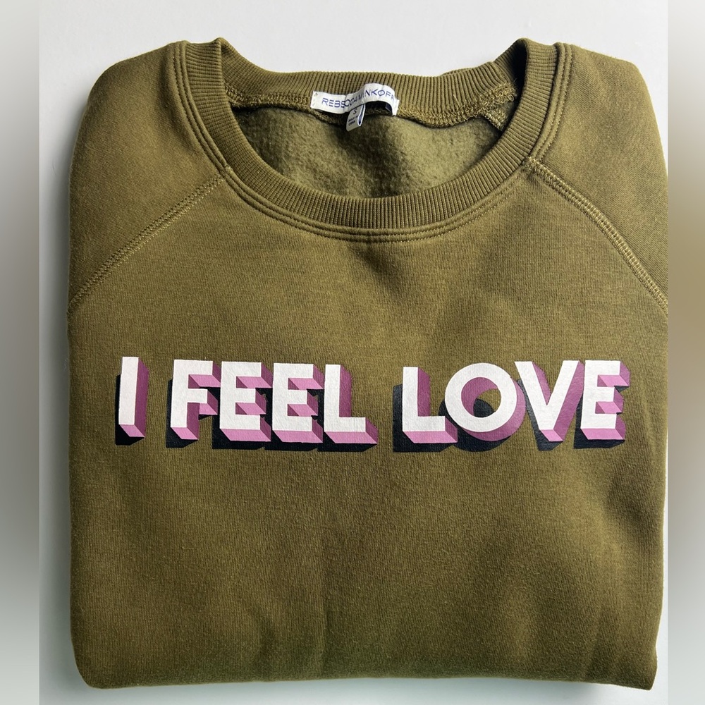 GUC Rebecca Minkoff Olive Green 'I Feel Love' Graphic Crewneck Sweatshirt SZ-S - Picture 9 of 13